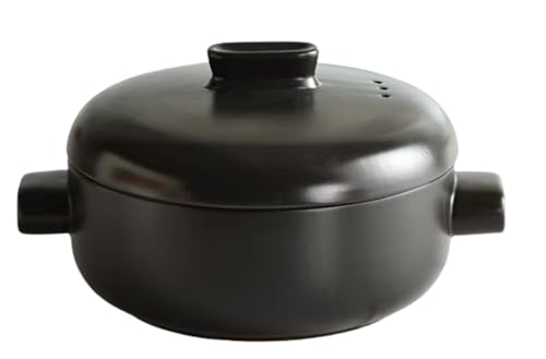 Dohera 蒸し器付きスープポット 煮込み鍋 土鍋 スープ鍋 木製 蒸し器付き 多層 陶器製 丈夫 耐久性 おしゃれ 和風 調理器具 ホテル 家庭キッチン用 鍋 朝食用 単身 一人暮らし 新築祝い 新しい家 贈り物 掃除が簡単 (1L,蒸し器なしの黒)