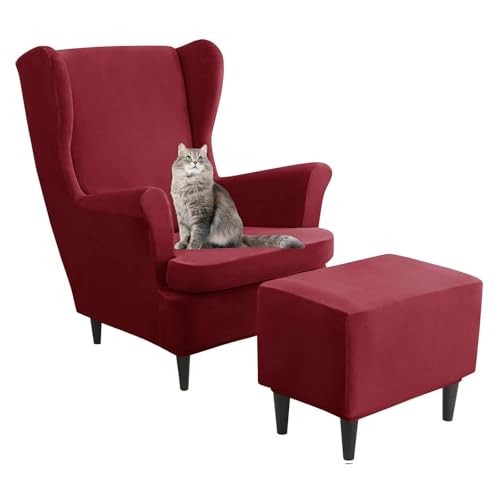 Fundas de terciopelo rojo vino para sillón orejero y otomana