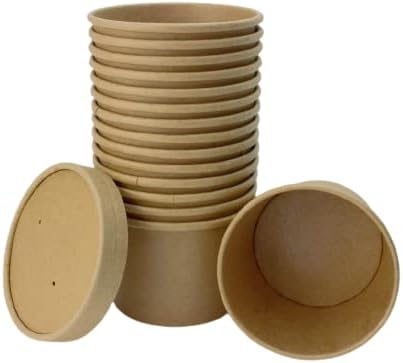 Signature Packaging Brown Kraft Disposable Soup Containers with Lids - 25 Pack of Paper Soup Bowls - 16 oz Takeaway Tubs Perfect for Ice Cream Containers, and Deli Containers