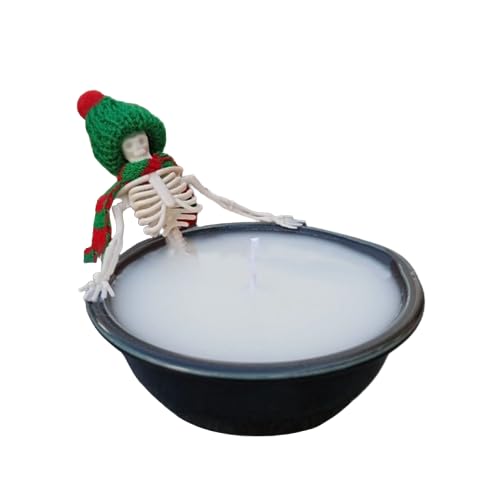 Vela de esqueleto de Halloween, caldero gótico, cuenca de leche, cráneo de baño, vela de larga combustión con sombrero, bufanda, decoración del hogar de Halloween