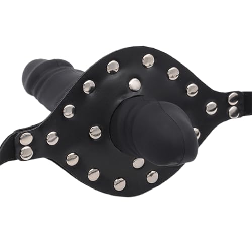 Image of Silicone Realistic Dildo Head Double Gag with Lock Bondage Gear & Accessories Leather Bondage Ball Gag Breathable Cock Sex Gag with Holes Open Mouth Gag Sex Toys