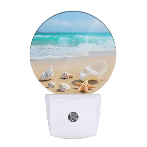 Image of Seashell Nightlight Summer Beach Coral Starfish Blue Ocean Sea Waves Night Lights Plug into Wall Dusk to Dawn Sensor Round Night Light for Adults Boys Girls, 0.5W Energy Efficient