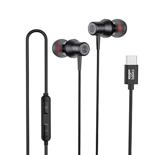 Image of (Refurbished) AmazonBasics EP2 in-Ear Type C Wired Earphones with Mic, Tangle Free 1.18 Metre Cable, Metallic Design, 10mm Drivers, in Line Mic & Volume Controller (Black)