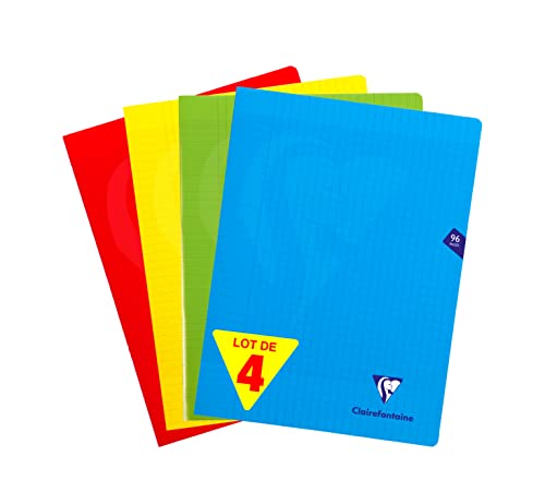 Clairefontaine, 293361AMZC, Lote de 4 Cuadernos, Mimesys, 24x32 cm, 96 Páginas , Interiores: Cuadrados Grandes, Papel Blanco 90 gr, Cubierta de Polipropileno, Azul, Rojo, Amarillo, Verde