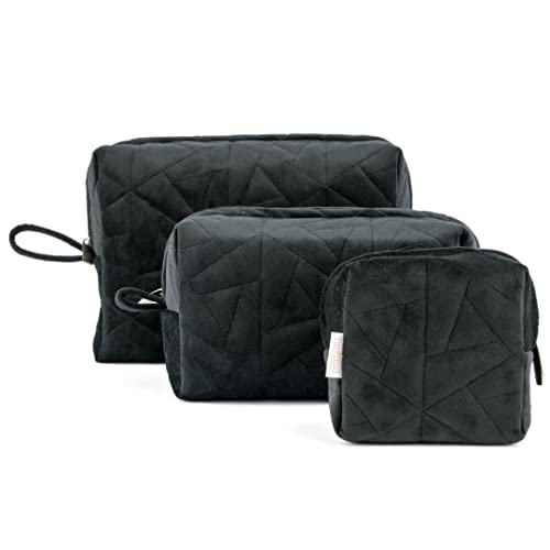 Nestasia Makeup Pouch, Organizer, Kit – Black | Perfect for Makeup Brush Set, Toiletry Kit, Lipsticks, Foundation, Bathroom Accessories | Quilted Pouch for Girls of Different Sizes (Set of 3)