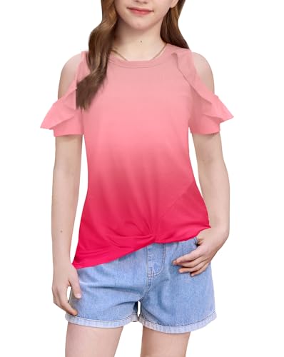 Image of BesserBay Girls Cold Shoulder Tops Twist Front Tunic Ruffle Sleeve Summer Blouses 5-14 Years