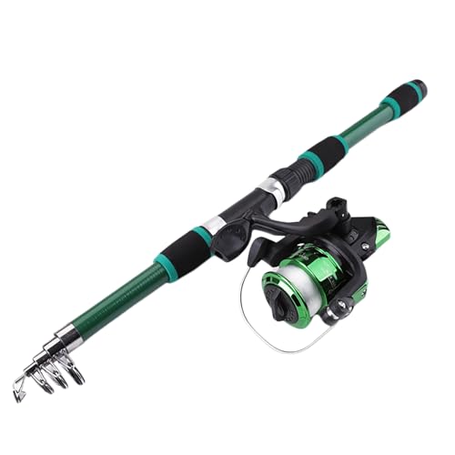 釣りセット 炭素伸縮式釣竿 スピニングリール付き 投げ釣りロッド カーボン製 初心者向け 1.8M fishing rod set 餌と 糸付き 収納バッグ付き 携帯便利 fishing reel 軽量 ?竿 入門セット 海 淡水 川 堤防 (グリーン)