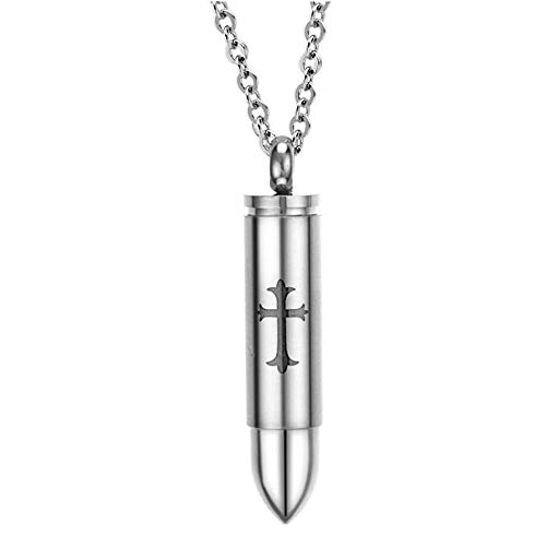 dsanbo Chaîne en acier inoxydable avec pendentif en forme de balle de fusil et croix avec compartiment secret pour homme, acier inoxydable, métal