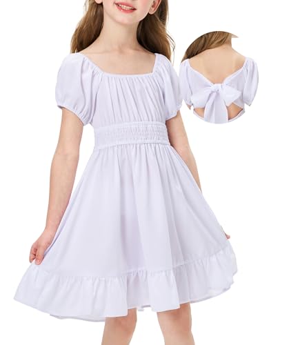 Girls Summer Tie Back Dress Kids Short Sleeve Ruffle Hem Off Shoulder Dresses 5-14 Years