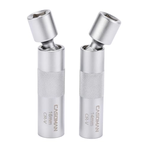 CASOMAN 2PCS 3/8" Dr. Swivel Magnetic Spark Plug Socket, 14mm & 16mm, 360° Degree Swivel, 12-Point, CR-V, Length: 4-Inch