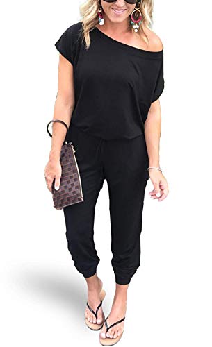 AMiERY Women's Sexy Off Shoulder Jumpsuit Solid Casual Elastic Waist Beam Foot Jumpsuits Rompers Black Large