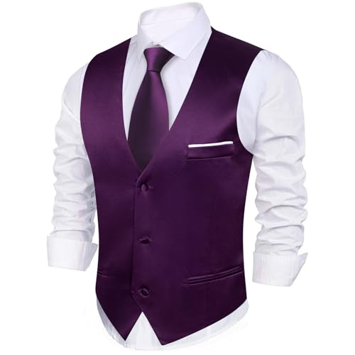 Image of Barry.Wang Vest for Men Business /Leisure Dress Suit Vests V-neck 2 Pockets Wedding Party Tuxedo Satin Waistcoat