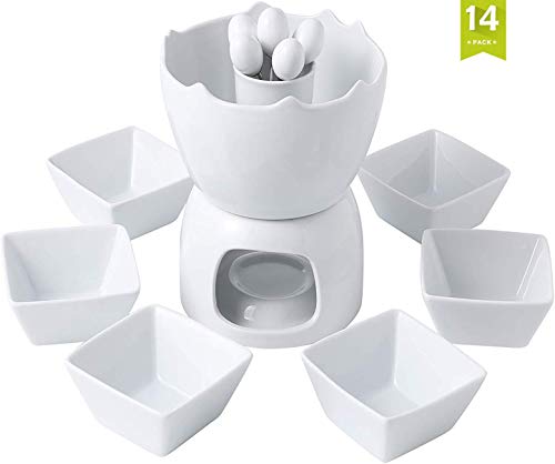 MALACASA Fondue Set, Porcelain Fondue Pots for Chocolate Cheese and Butter, Tea Light