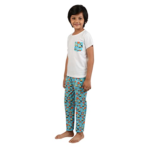 Image of Frangipani Cotton, Regular Fit, Tee & Bottom Construction CampusPrint Night Suit Pyjama Set for Kids