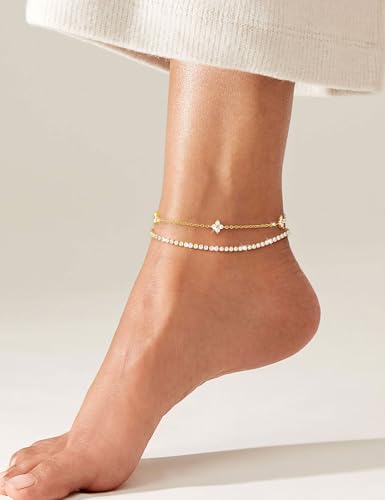 RLMOON Dainty Gold Anklets for Women - 14K Gold Plated Adjustable CZ Heart & Tennis Chain Foot Jewelry - Image 5
