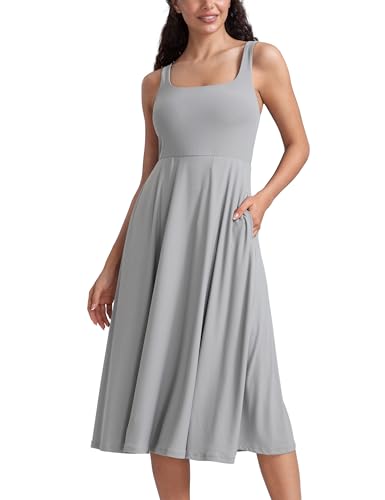Image of CRZ YOGA Cloudweight Double Lined Square Neck Midi Dresses for Women Casual Summer Sleeveless Outfits with Side Pockets