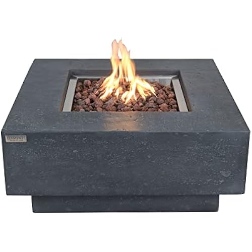 Elementi Manhattan 36 Inch Concrete Outdoor 45,000 BTU Square Natural Gas Ignition Patio Fire Pit Table with Lava Rock and Canvas Cover, Dark Grey, (OFG103DG-NG)
