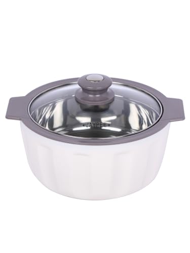 Image of JAYPEE Glamerole Inner Stainless Steel Serving Casserole | Toughened Glass Lid PUF Insulated Hot Pot Hot Box for pulao Roti Box Casserole| Food Grade | 1500 ml, White