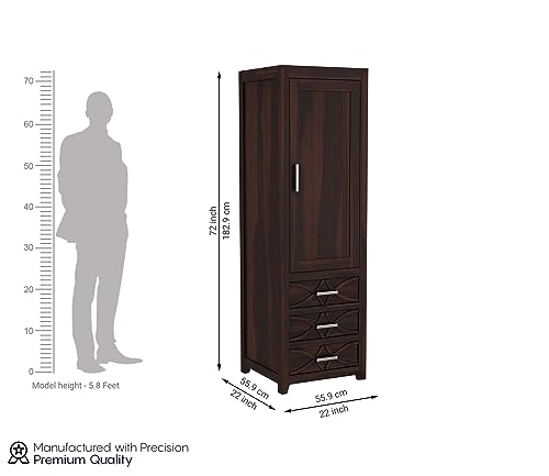Image of Sheesham Wood Wooden Single Door Wardrobe Organizer for Clothes | - Solid Wood Almirah with 3 Drawers, 3 Shelves - Cupboard for Large Bedroom (Design 12)