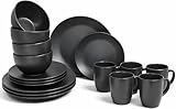 DIVCHI 16 Piece Dinnerware Set for 4 – Stoneware Kitchen Dinner Set with Plates, Bowls & Mugs | Dishwasher & Microwave Safe Tableware Crockery (Matte Black)