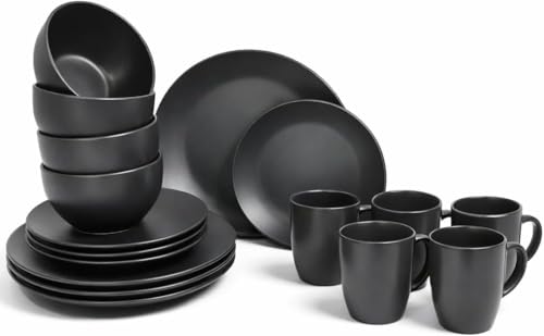 DIVCHI 16 Piece Dinnerware Set for 4 – Stoneware Kitchen Dinner Set with Plates, Bowls & Mugs | Dishwasher & Microwave Safe Tableware Crockery (Matte Black)