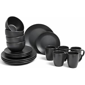 DIVCHI 16 Piece Dinnerware Set for 4 – Stoneware Kitchen Dinner Set with Plates, Bowls & Mugs | Dishwasher & Microwave Safe Tableware Crockery (Matte Black)
