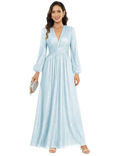 Image of Women's Formal Wedding Guest V Neck Glitter Sequins Mother of The Bride Dresses Long Sleeve