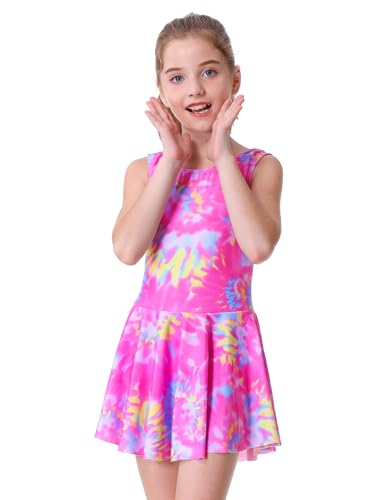 Image of Swimsuits for Teen Girls 10-12 Years Old Rose Yellow Tie Dye Sleeveless Skirted Bathing Suit with Sun Protection