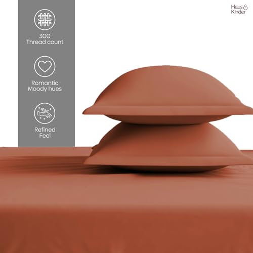 Image of haus & kinder Bedsheet King Size, 300 TC Cotton Sateen Weave, Flat Bedsheet for King Size Bed, Silky Smooth (Rust Orange, 108x108)