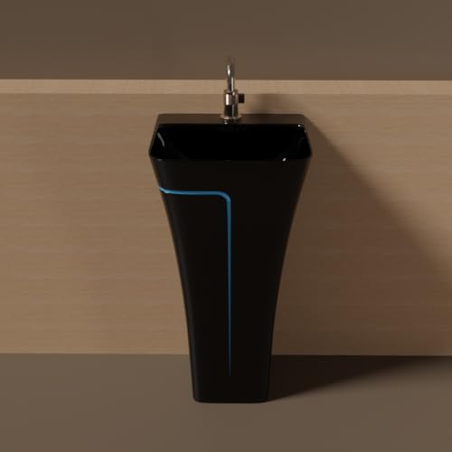 Image of Pedestal Wash Basin, Ceramic One Piece Wash Basin for Bathroom & Living Room, Modern Home Wash Basin with Glossy White Finish (L15XW15.8XH35 Inch) (Black + T. Blue Line)