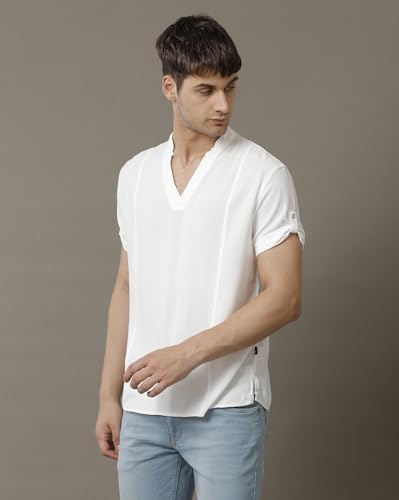 Image of Identiti MenSlim Fit Half Sleeve Solid Smart V Placket Casual Shirts