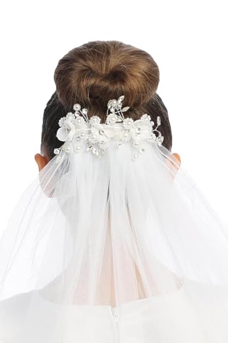 Swea Pea & Lilli Girls First Communion Veil - White Holy 1st Communion Headpiece with Comb, Organza Flowers with Rhinestones, Pearl Accents, and Crystal Accents
