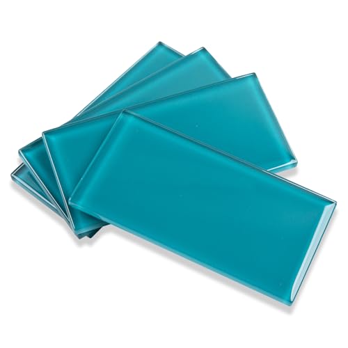 Soulscrafts Glass Tile for Backsplash, Glass Subway Tile 3x6 Inch Cyan for Kitchen Bathroom Shower Wall (32 Pcs 4 sq.ft)