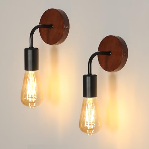 Tealight 2 Pièces Appliques Murales Industrielles Vintage, Lampe Murale Bois, E27 Rétro Luminaire Interieur pour Chambre Couloir Salon, Colore legno...