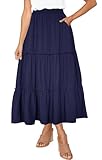 Afibi Womens High Waist A Line Ruffle Swing Long Maxi Skirt with Pockets (Large, Navy Blue)