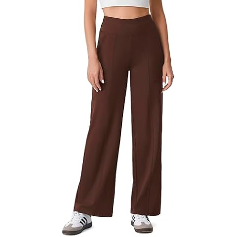 AFITNE Wide Leg Pants Women Yoga Pants with Pockets Stretchy High Elastic Waist Pull On Comfy Business Casual Pants 2024 Fall Trendy Loose Fit Work Pants Lounge Travel Trousers Brown 29" M Cover