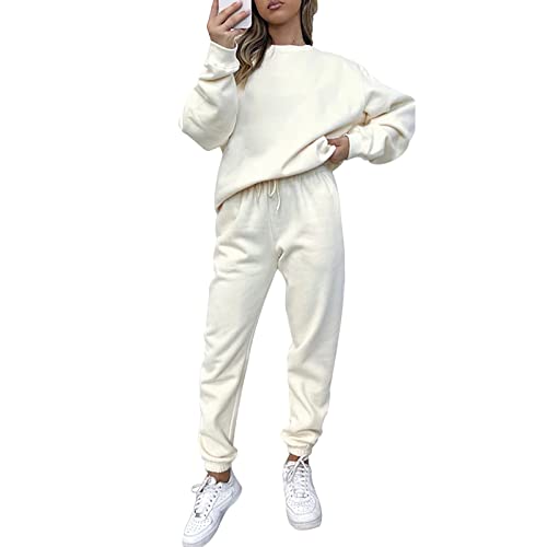amropi Chándal de Mujer Sudadera Pullover de Lana y Pantalones Conjunto de Ropa L,Beige