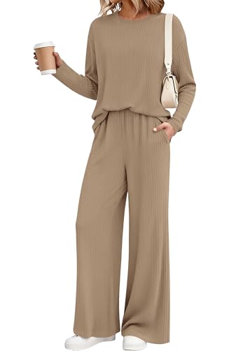 KIRUNDO Fall 2 Piece Lounge Sets for Women Long Sleeve Ribbed Knit Tops Wide Leg Pants Matching Travel Outfits Postpartum