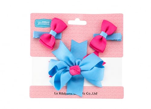 Image of BABIES BLOOM Designer Red Hair Bow, Baby Headband and Hair Accessory Set (Set of 5) (Blue Pink Flower With 2 Little Bow Clip)