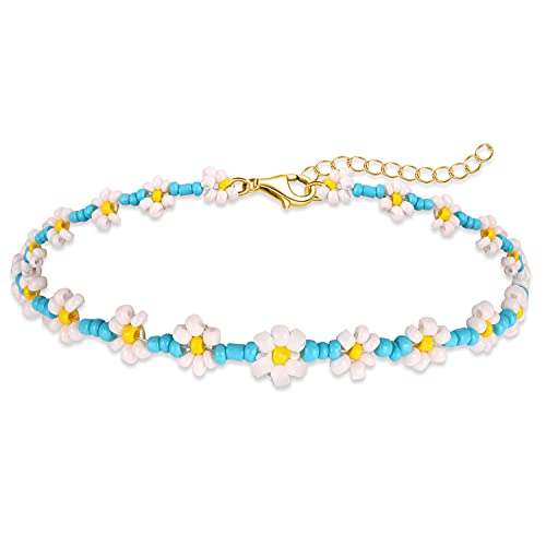 Image of Beaded Anklets for Women Boho Cute Daisy Flower Bead Ankle Bracelets Handmade Waterproof Surfer Anklet Summer Beach Foot Jewelry for Women