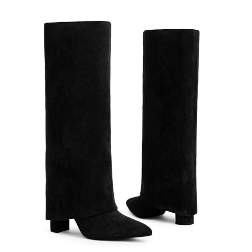 Image of Knee High Boots Women Fold Over Boots Chunky Heel Pointed Toe Tall Boots | Fashion Slouchy Boots,Side Zipper Shark Boots,Fall Spring Winter Fashion Dress Tall Boots,Evening Bridal office Long Boots
