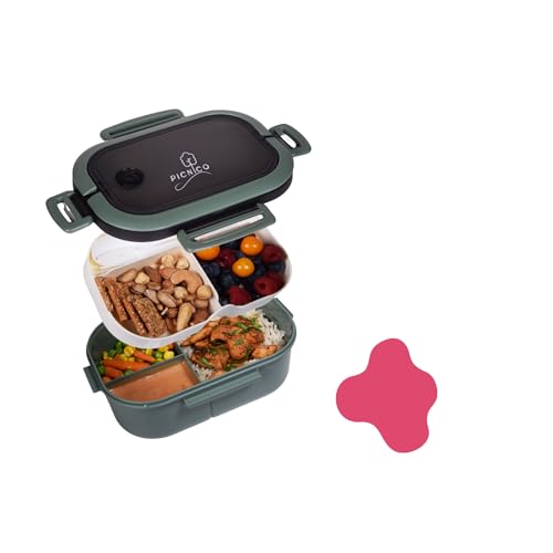 Picnico® - Premium Lunchbox für Kinder 1200ml mit 2 Etagen & 6 Fächern Grün (BPA-frei) - Brotdose & Snackbox mit Löffel & Gabel - Brotzeitbox für Kindergarten & Schule spülmaschinenfest, auslaufsicher