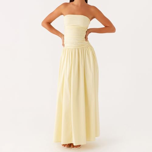 Image of Women Tube Top Maxi Dress Summer Strapless Backless Bodycon Long Bandeau Dress Elegant Off Shoulder A Line Dresses