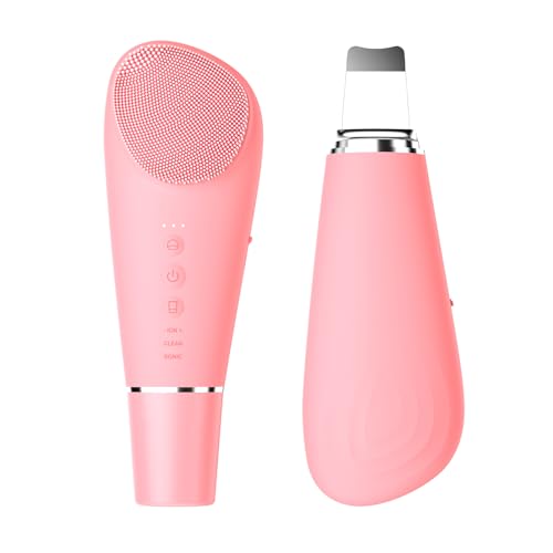 Stepcare Silicone Face Scrubber Blackhead Remover Rechargeable 2-in-1 Facial Cleansing Brush & Skin Spatula Duo, IPX7 Waterproof Exfoliating Massager Deep Cleansing for Women and Men（Peachy Pink）