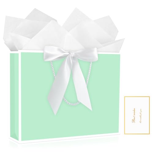 Image of JMANNI Gift Bags with Handles, 13 inch Medium Gift Bag for Presents, 1 Pcs Bags with 2 Tissue Paper and 1 Cards for Baby Shower Wedding Bridal Shower Mother's Day Birthday Party (Green)