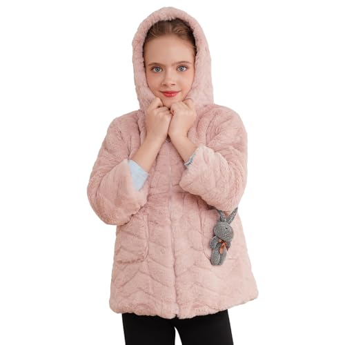 JanJean Toddler Girls Faux Fur Fleece Hooded Jacket Winter Thick Warm Zip-up Coat Outwear Full Winter with Rabbit Doll4