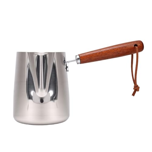 SIXRUN Olla de Leche de Acero Inoxidable, con de Madera para Espumar Leche y Derretir Chocolate, Apta para Cocinas de Inducción y Gas, Ideal para Baristas Caseros (350ML)
