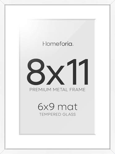 Image of Homeforia 8x11 White Picture Frame, High-End Metal, 6x9 Mat, Glass | High End Aluminum, Tempered Glass, Acid-Free 6x9 Removable Mat, 8x11 in Edge-to-Edge Display 11x8, Wall Kit, Set Of 1