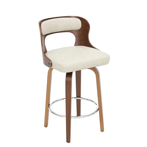 Image of Swivel Bar Stools Set of 1, 26 inch Counter Height Bar Stools, Mid-Century Modern PU Leather Modern Island Chairs with Back and Footrest, for Kitchen, Bar, Restaurant, Cafe (Beige Gray)