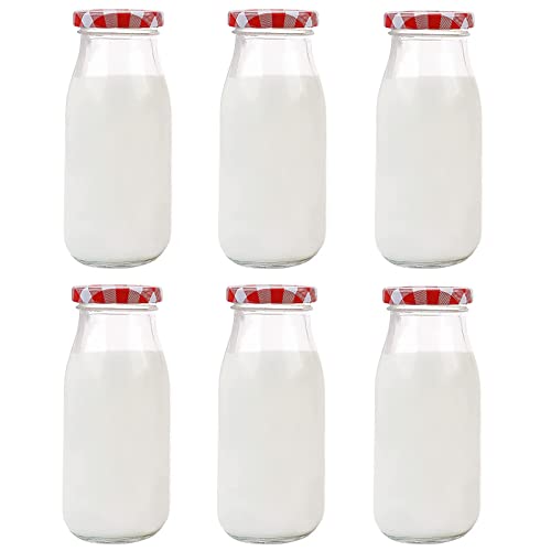 E.YOMOQGG 250ml (8.5oz) Glas Gläser mit Deckel-Pack von 6. Kleine Glas Milch Flasche mit Deckel, für Glas Saft Flasche, Marmelade Gläser , Chutneys, hausgemachte Milch und Joghurt (rot) Cover
